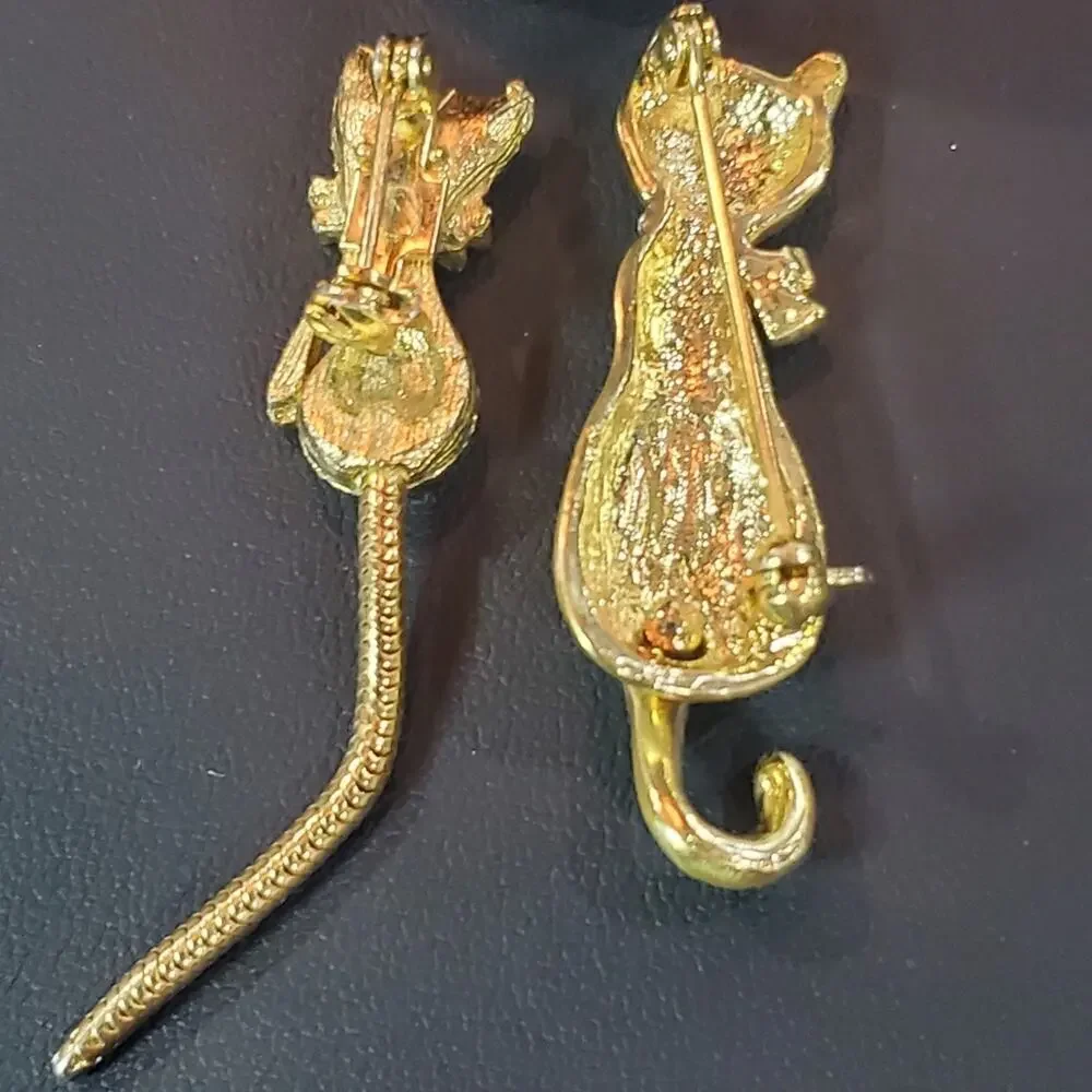 Cat Brooches Set of Two Gold Tone Pin Back Dangling Tails Rhinestone Embellished